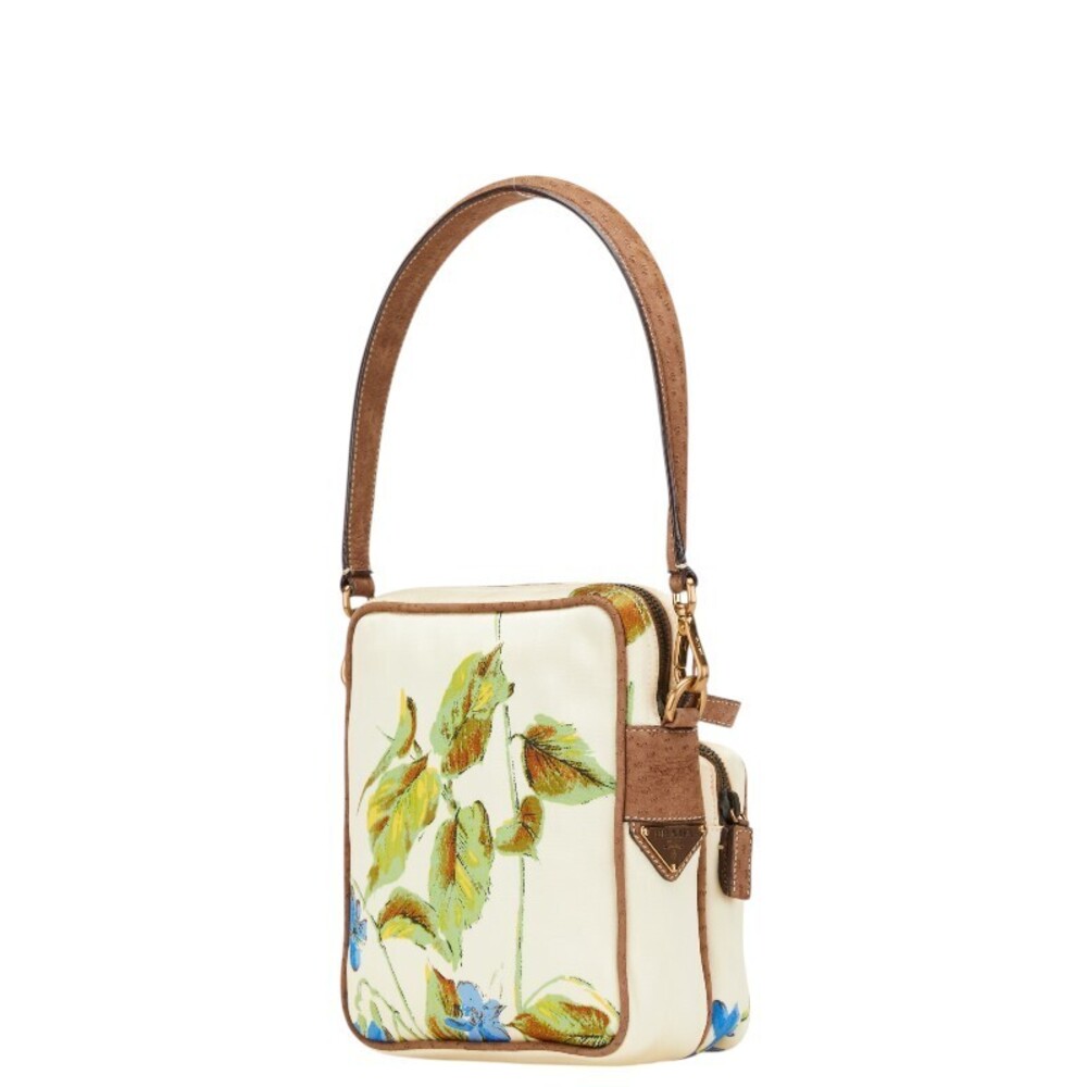 Prada multicolored triangular handbag botanical leather ostrich logo plate white